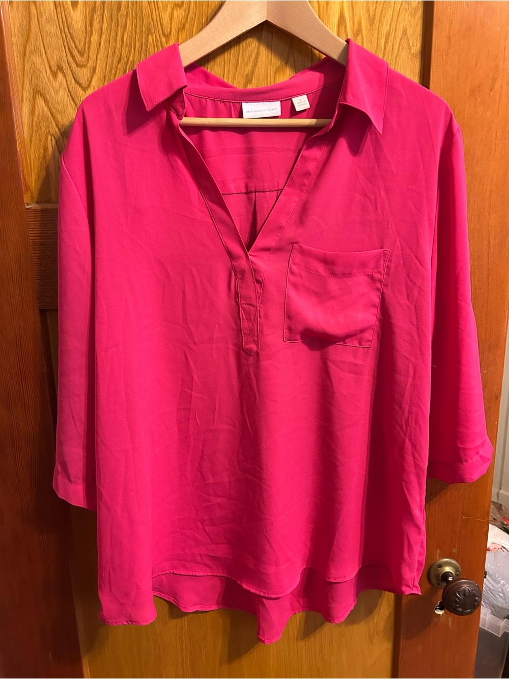 New York & Company Hot Pink Split V-Neck Blouse